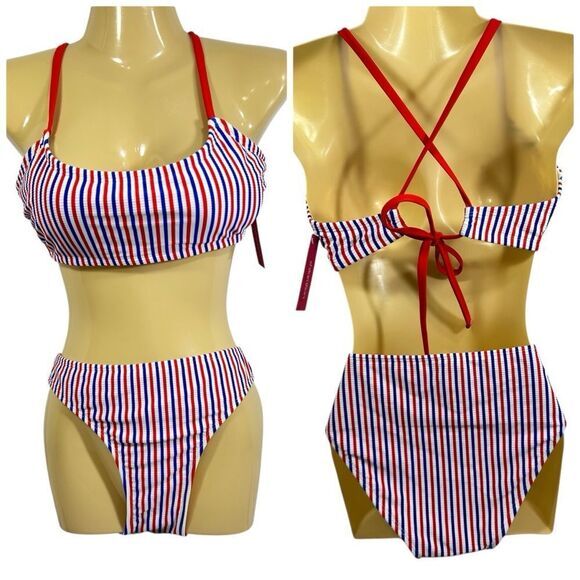 NWT XHILARATION AMERICANA STRIPE PADDED TOP D/DD & BOTTOM XL BIKINI SET‎ - Picture 1 of 7